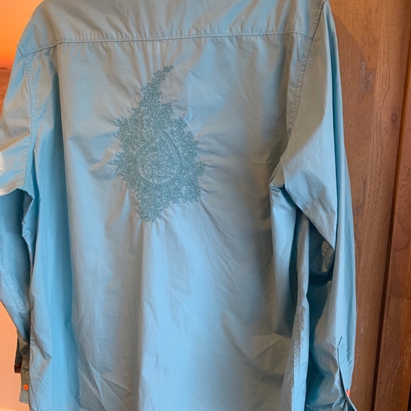 Robert Graham Aqua Button Down Shirt with Multicolor Collar - Picture 5 of 5